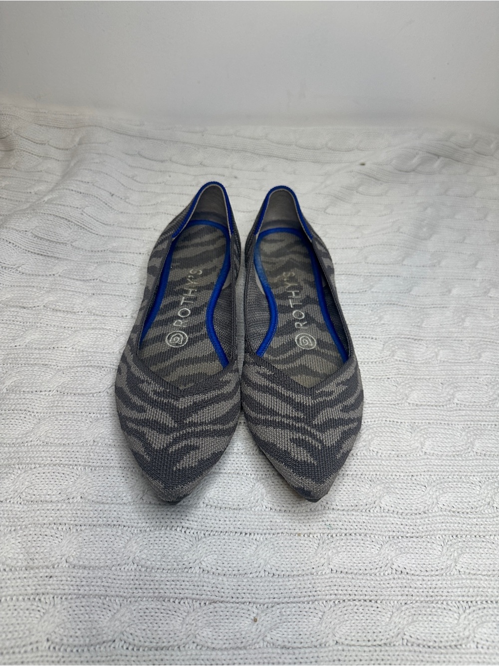 Rothy's Pointed Ballet Flat in Gray Zebra with Blue Trim